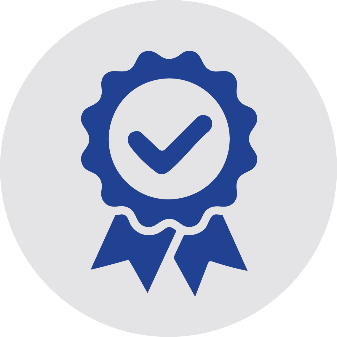 Blue badge with a check mark and ribbons, symbolizing certification or approval.