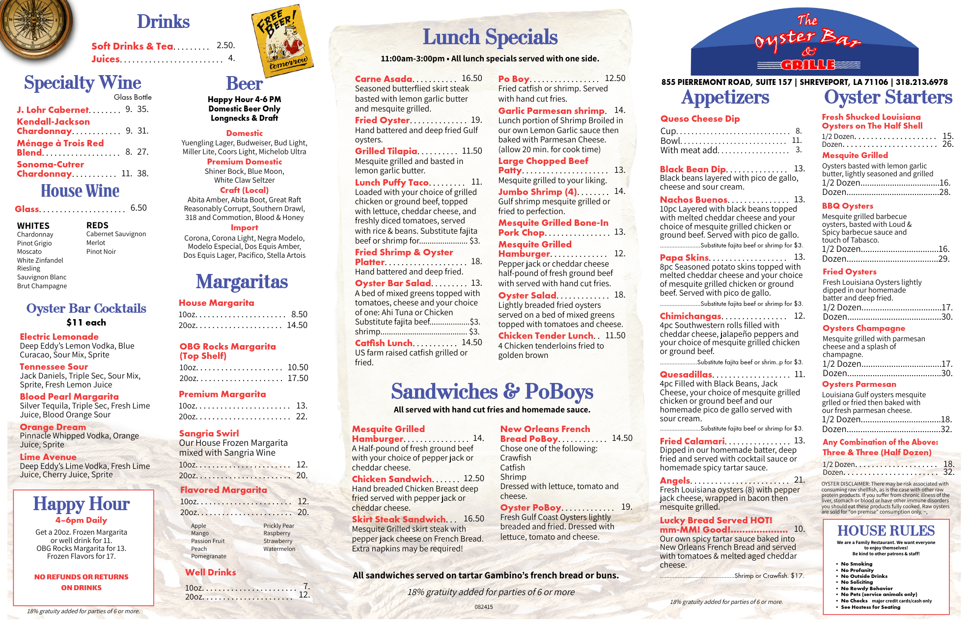 Restaurant menu featuring drinks, lunch specials, specialty wine, beer, house wine, margaritas, sandwiches, appetizers, oyster starters, and oyster shooters, with prices and descriptions.