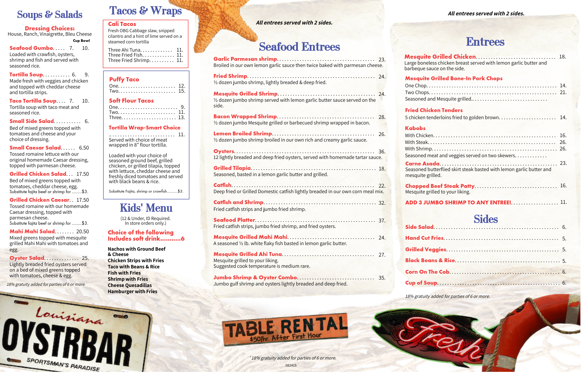 A restaurant menu featuring sections for soups and salads, tacos and wraps, seafood entrees, entrees, sides, and kids' menu, with various dishes listed and prices.