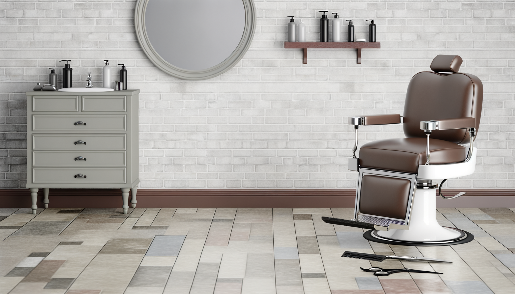 A vintage barber chair in a barber shop with a white brick wall, a round mirror, and a white cabinet with grooming products.
