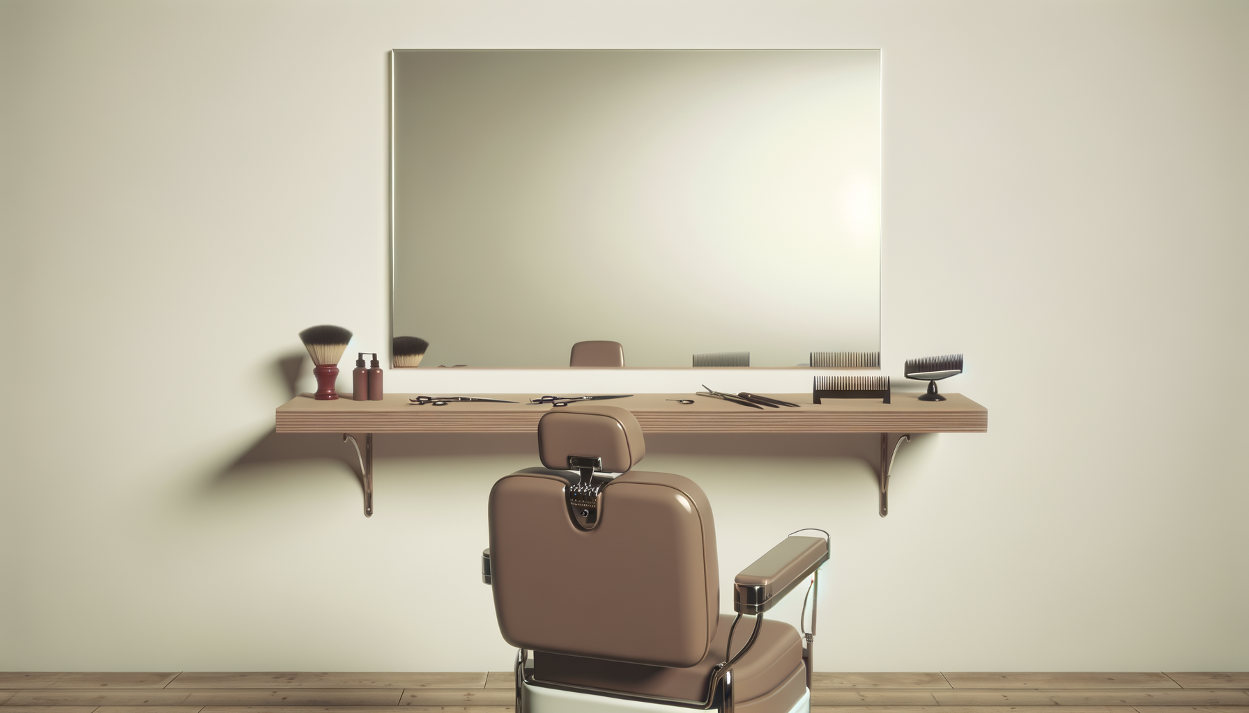 A barber chair facing a mirror in a barber shop with various grooming tools on a wooden counter.