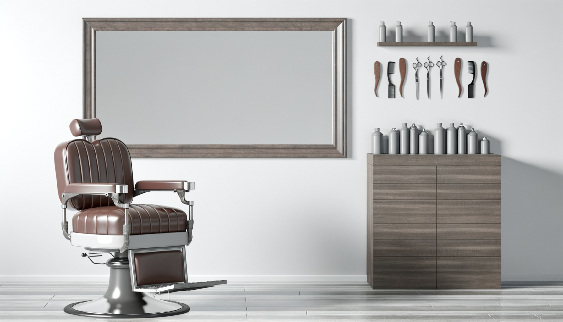 A vintage barber chair with brown padding, placed in a modern barber shop with a large mirror, wooden tools and products on the wall and shelves, and a wooden cabinet with bottles of styling products.