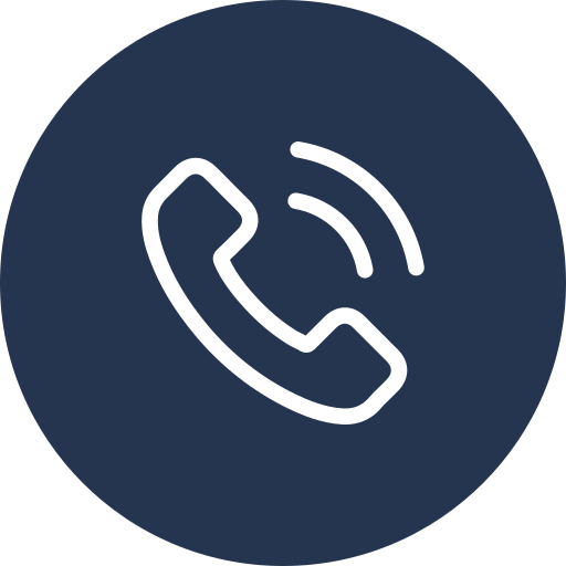 Phone call icon with a white telephone receiver on a dark blue circular background.