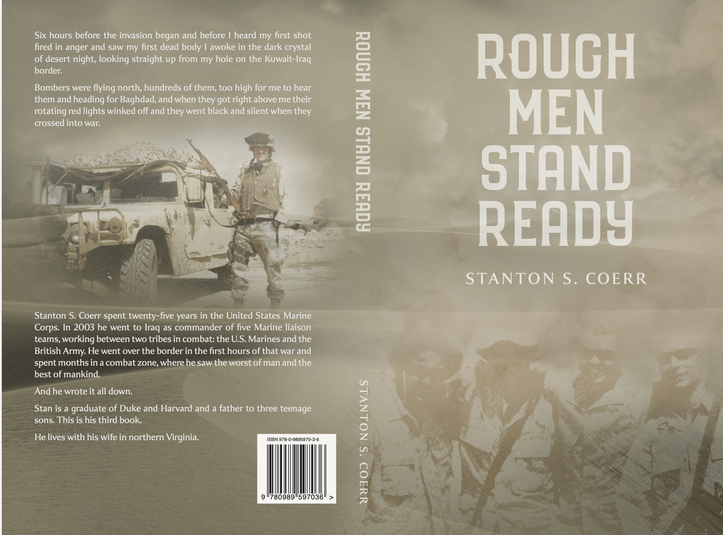Cover of a book titled "Rough Men Stand Ready" by Stanton S. Coerr. The cover features a faded background with a soldier standing next to a military vehicle, holding a rifle. The soldier is dressed in camouflage military gear, and the atmosphere suggests a war or military theme.
