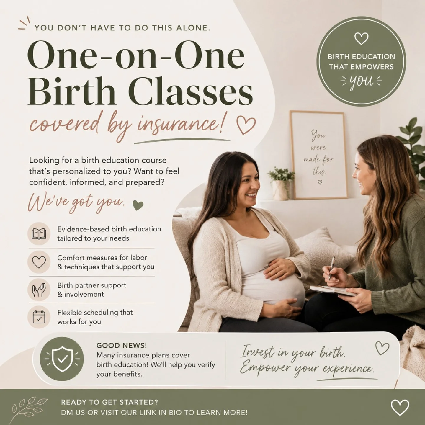 Did you know many families have access to one-on-one birth education classes through their insurance benefits? ✨
Whether you're looking for a full birth education course, comfort measures for labor, partner support techniques, or just want to feel mo