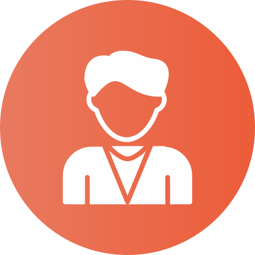 Icon of a person with a lanyard, representing a professional or staff member, on an orange background.