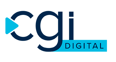 A logo with the word 'cgi' in lowercase, with a blue play button to the left, followed by the word 'DIGITAL' in blue uppercase letters on a black background.