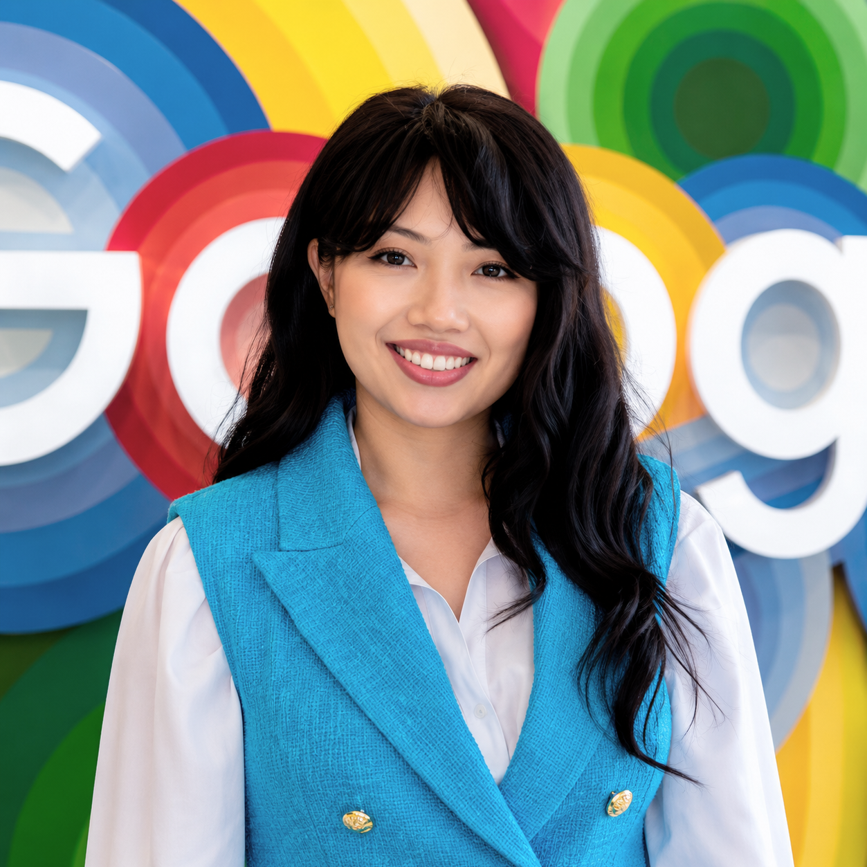 A woman with long black hair smiling, standing in front of a colorful Google logo backdrop.
