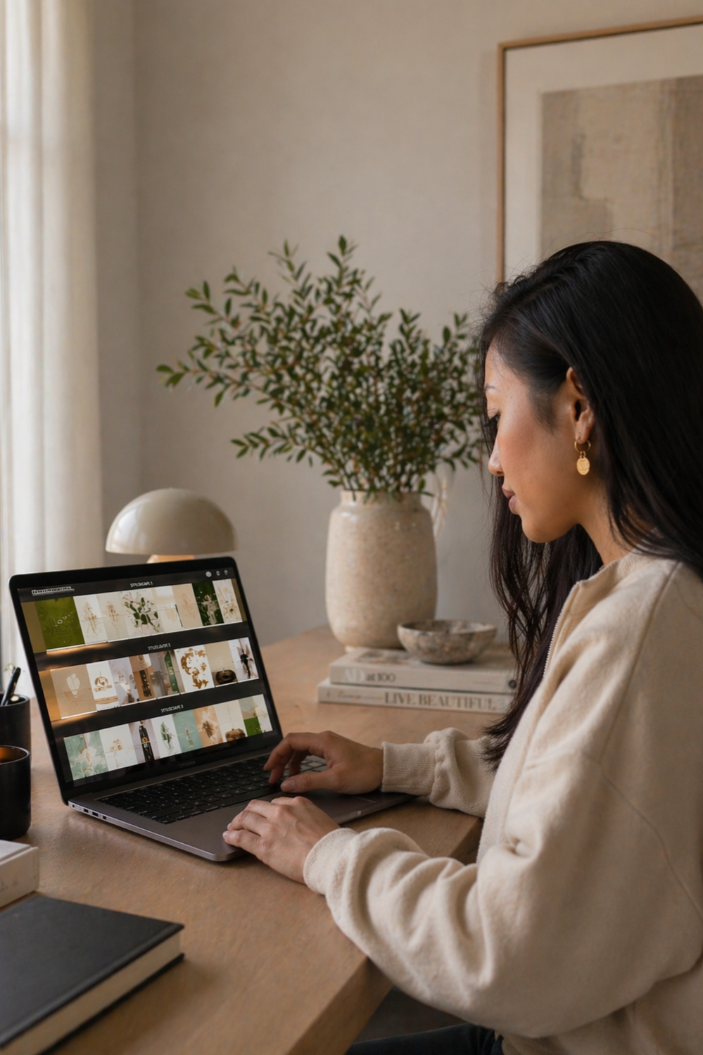 A woman using a laptop at her desk with magazines and books, a table lamp, and a large potted plant in the background.