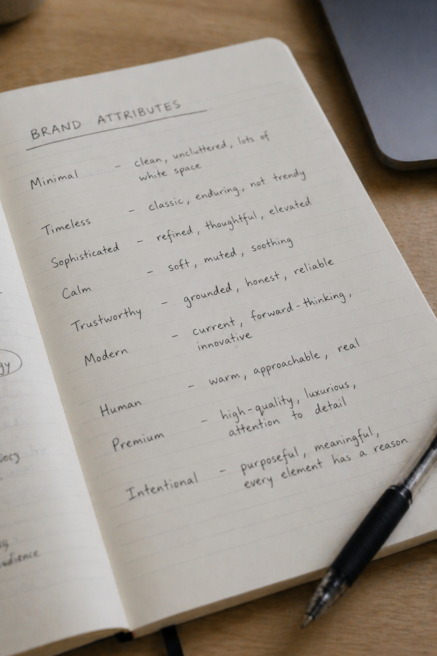 Notebook page titled 'Brand Attributes' listing qualities such as minimal, timeless, sophisticated, calm, trustworthy, modern, human, premium, and intentional with descriptive words for each.