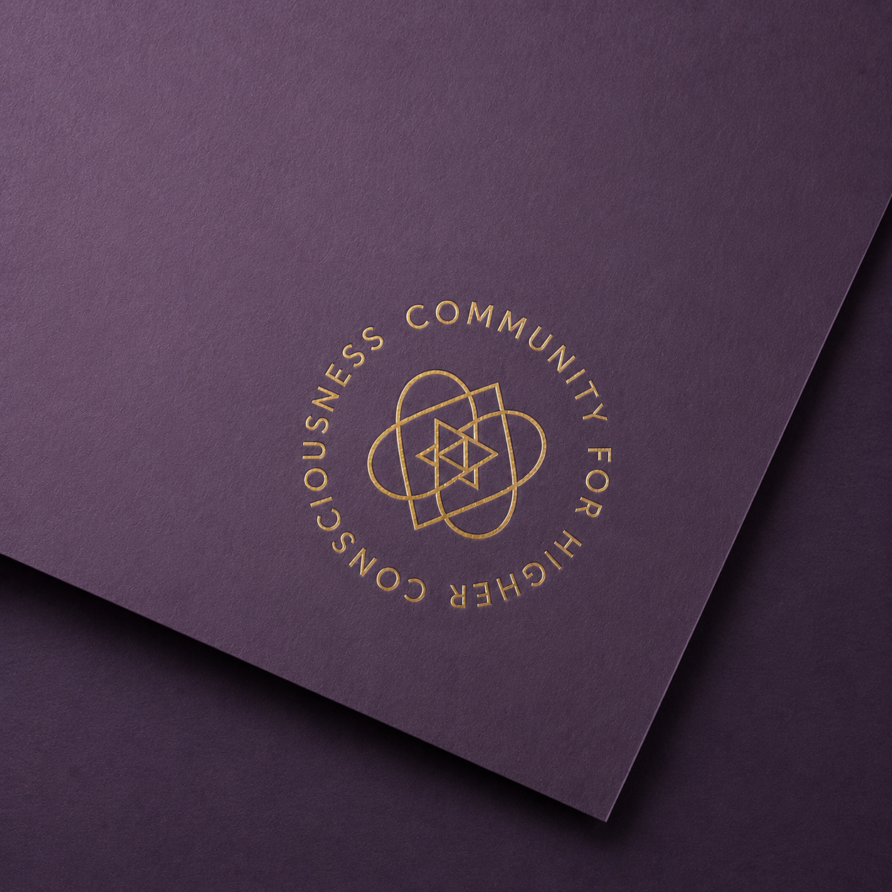 Purple textured background with a gold circular logo that reads 'Community For Higher Consciousness' around a Merkaba and interlocking heart sacred geometry.