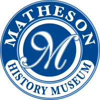 Logo of Matheson History Museum with a blue circular design and the text 'Matheson History Museum' around a large stylized 'M'. 