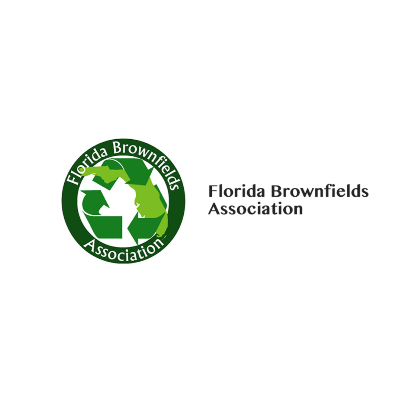 Logo of the Florida Brownfields Association, featuring a green circular emblem with a stylized map of Florida and recycling arrows, next to text that reads 'Florida Brownfields Association'.
