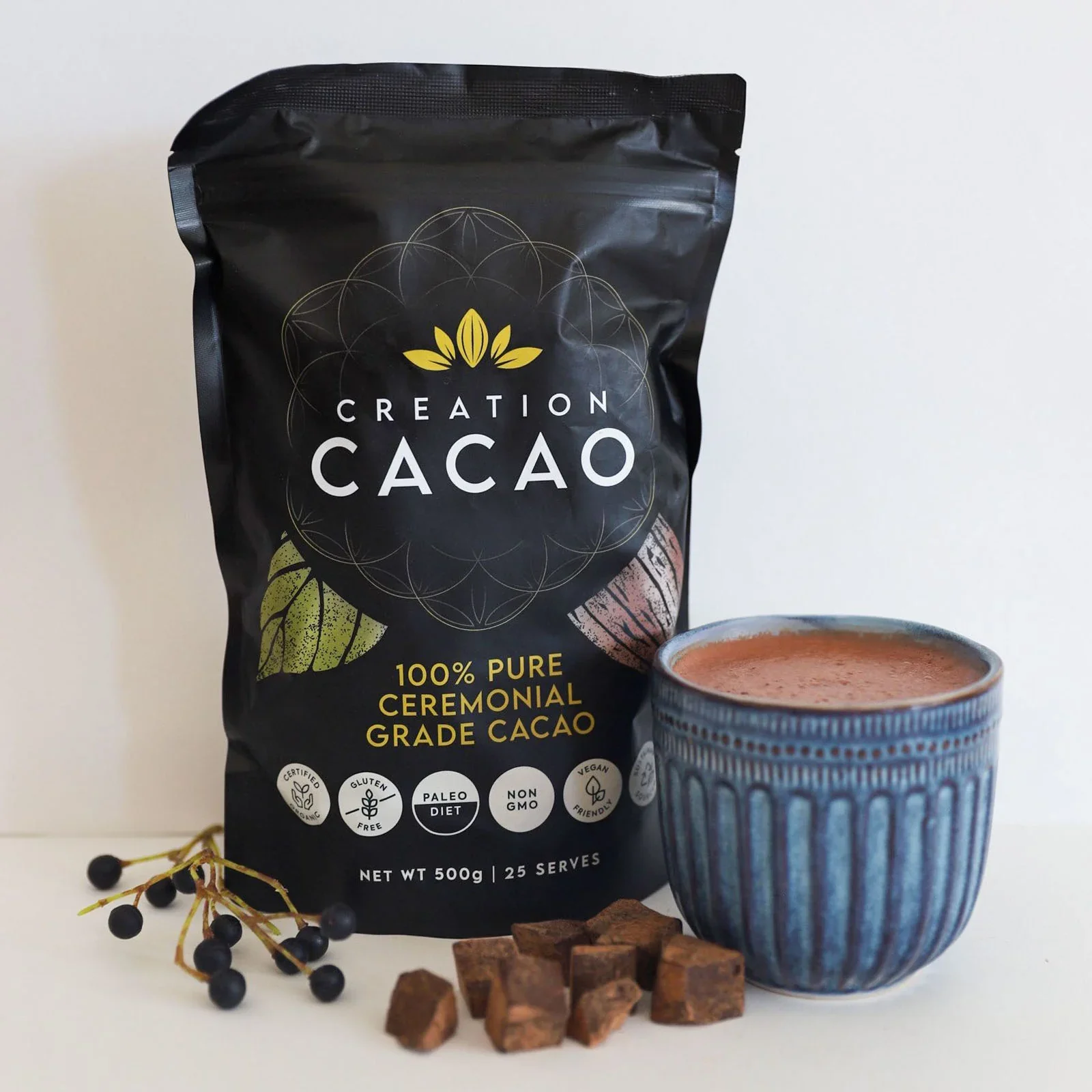 bag and cup of cacao