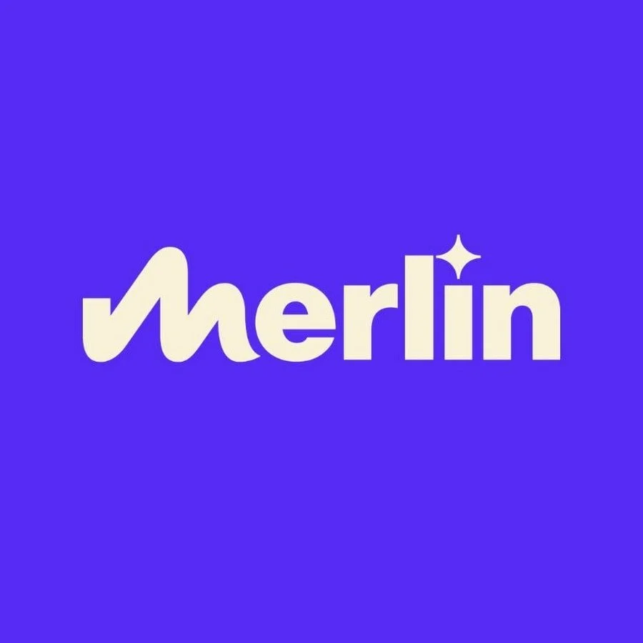 The word "merlin" in bold white lowercase letters on a purple background with a star-shaped sparkle over the letter 'i'.