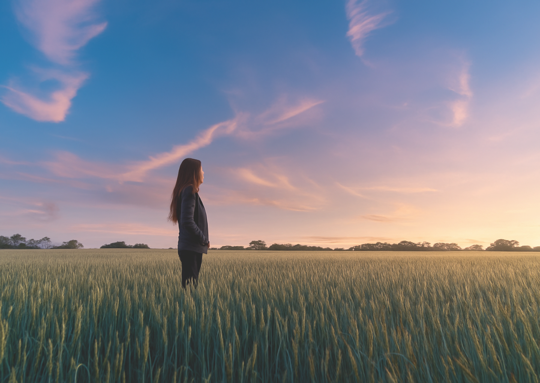 woman in a field over sunset