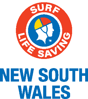 Surf Life Saving New South Wales logo featuring a stylized profile of a swimmer with a colorful swim cap, surrounded by a red and blue ring with the words 'Surf Life Saving' and 'New South Wales'.