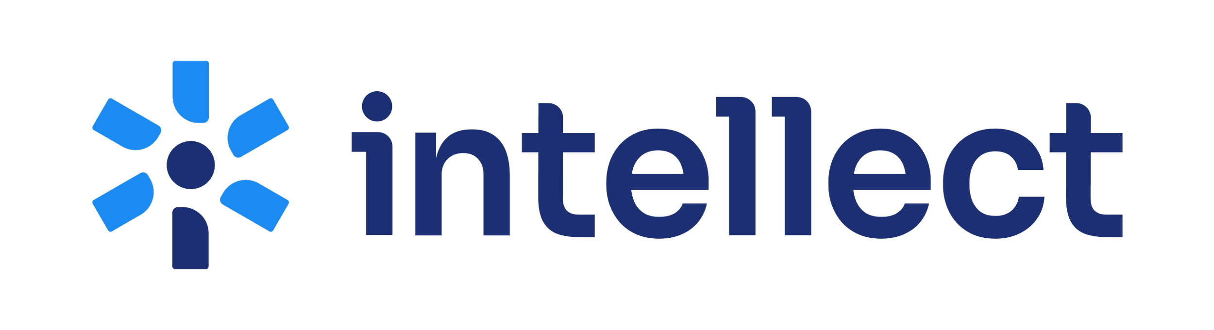 The logo of Intellect with a dark blue wordmark and a stylized flower icon composed of blue shapes.