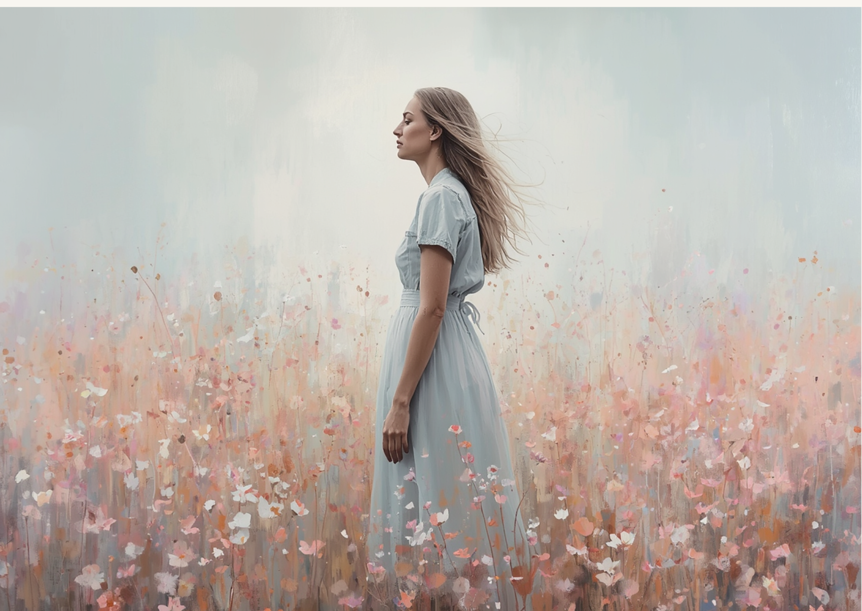 A woman with long, flowing blonde hair wearing a light blue dress stands in a field of pink and white flowers with a soft, pastel-colored sky in the background.