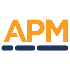 The logo of APM with orange letters 'APM' and blue horizontal lines underneath.