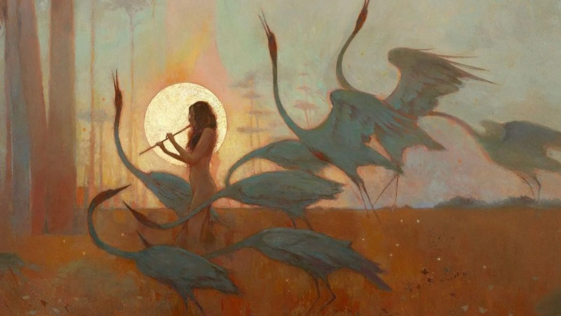 A fantasy-style painting of a woman with long hair playing a flute, standing amidst large leafy plants with a glowing sun or moon in the background, set in a warm-toned, surreal landscape.