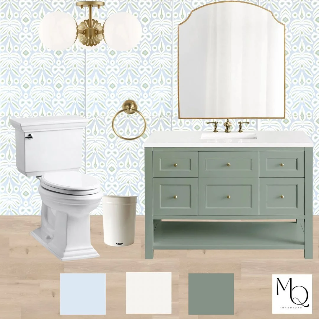 All this Michigan snow and rain has me thinking about coastal living - snowbird status maybe 🤔 

Bathroom mood board inspired by this fun and bright patterned paper! Perfect powder room for vacation home or maybe even girly bathroom for your littles