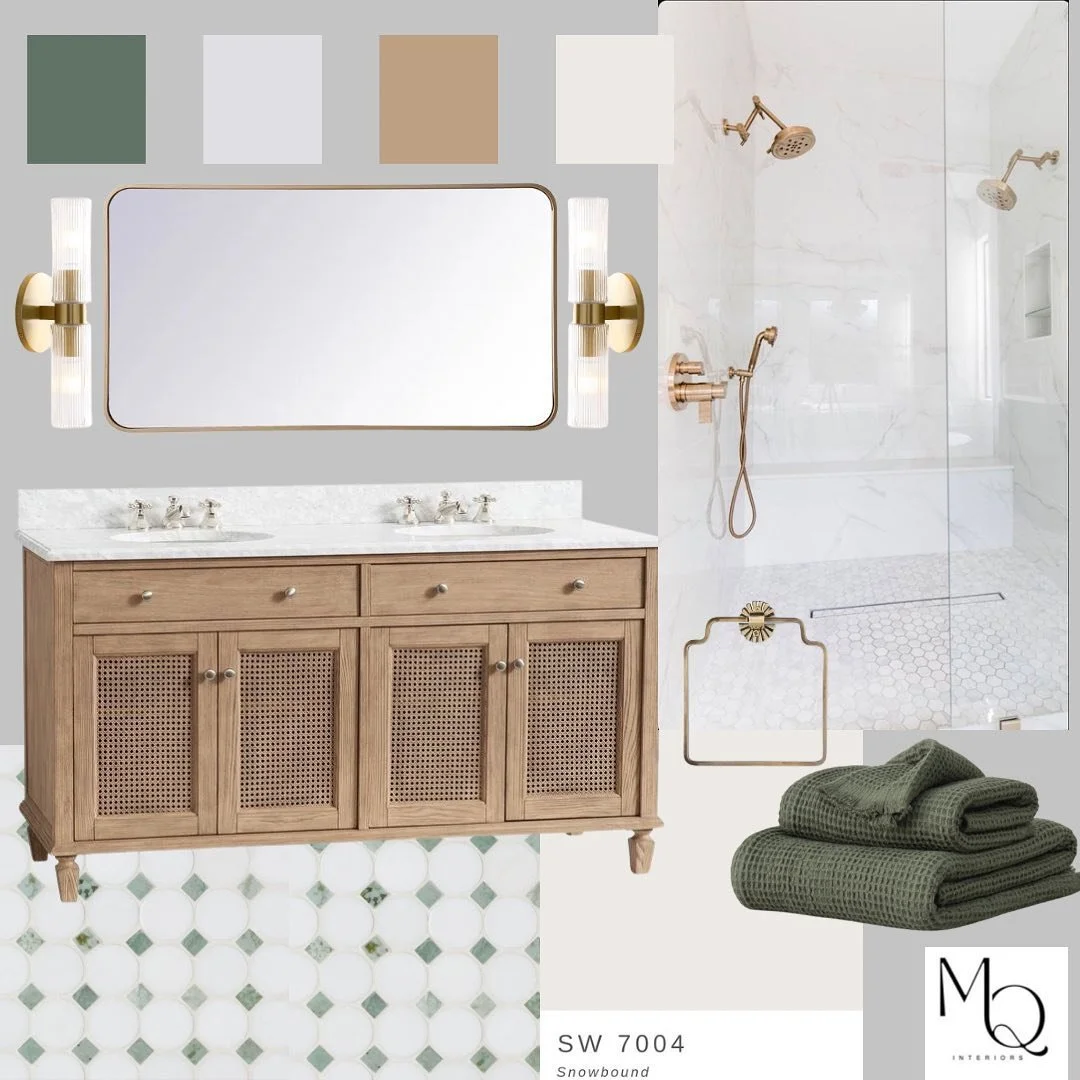 Dreamy shower, cane details, and those green accents &mdash; loving this bath mood board I came up with after seeing the floor tile 😍 

When inspiration strikes &hellip;✨✨ 

#interiordesign #michiganinteriordesigners #michiganrealestate #bathroomdes