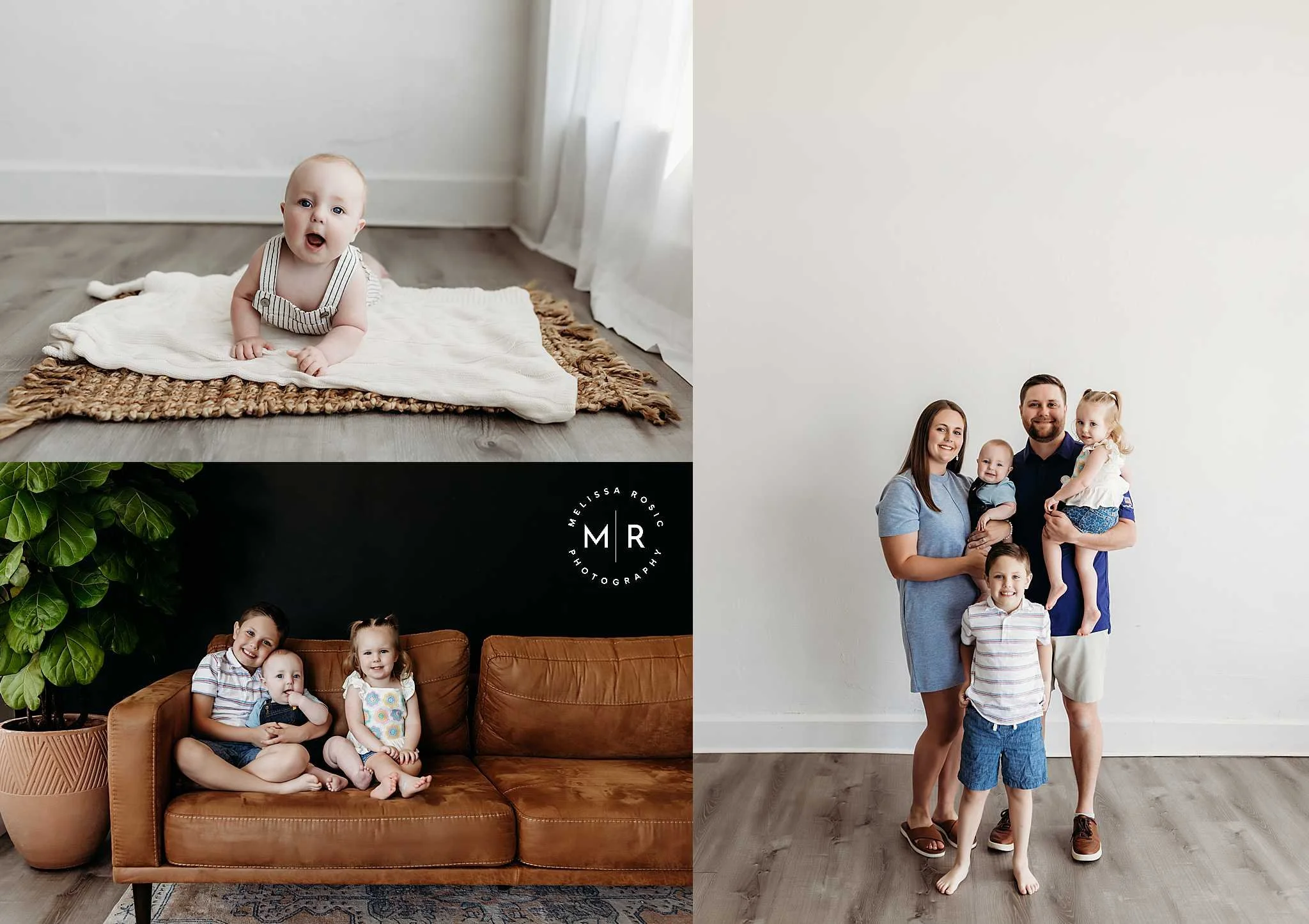 smiling toddler laying on floor and family posed in front of white wall