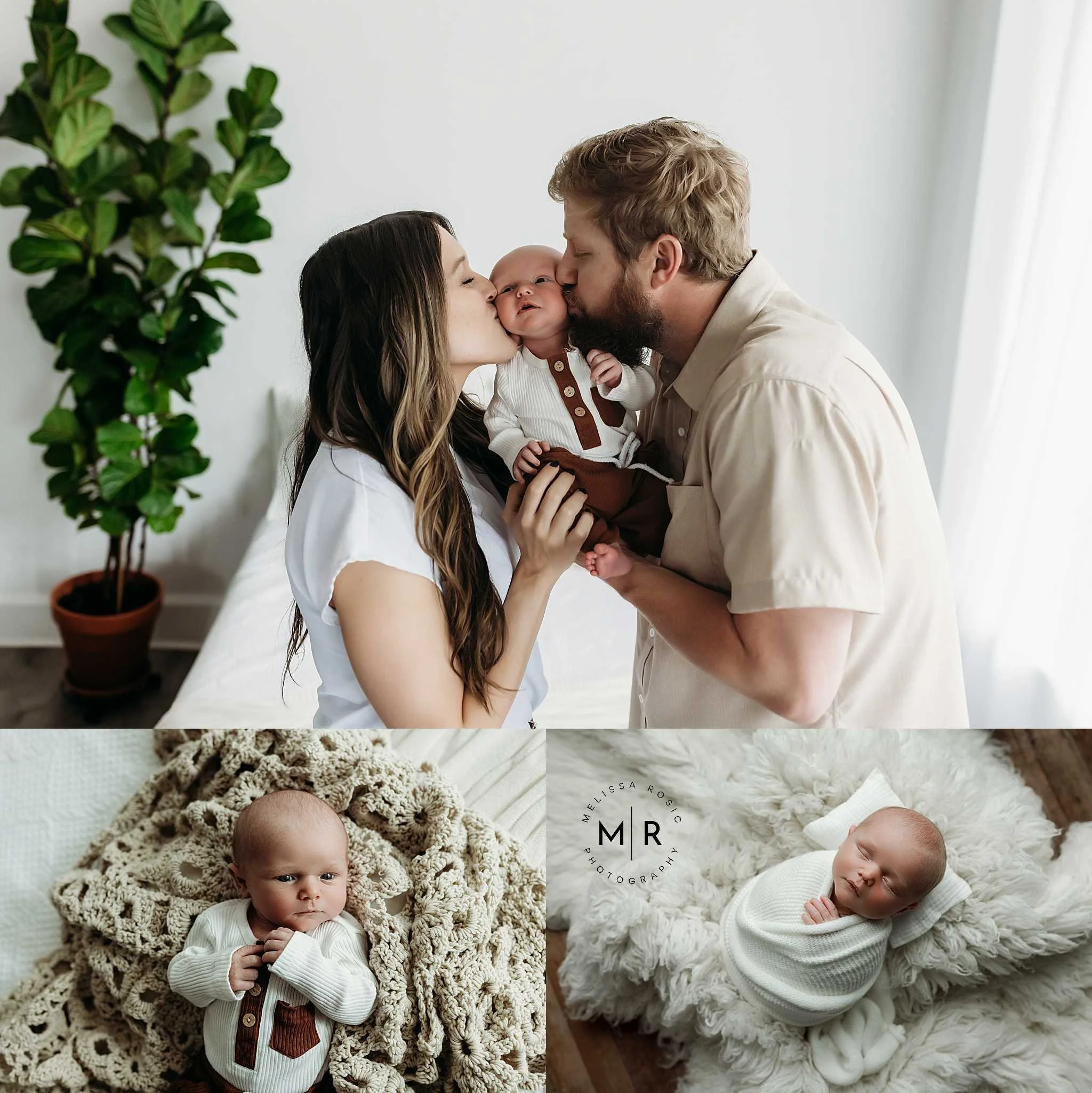 two adults kissing a newborn on the cheeks, newborn wrapped in white wrap