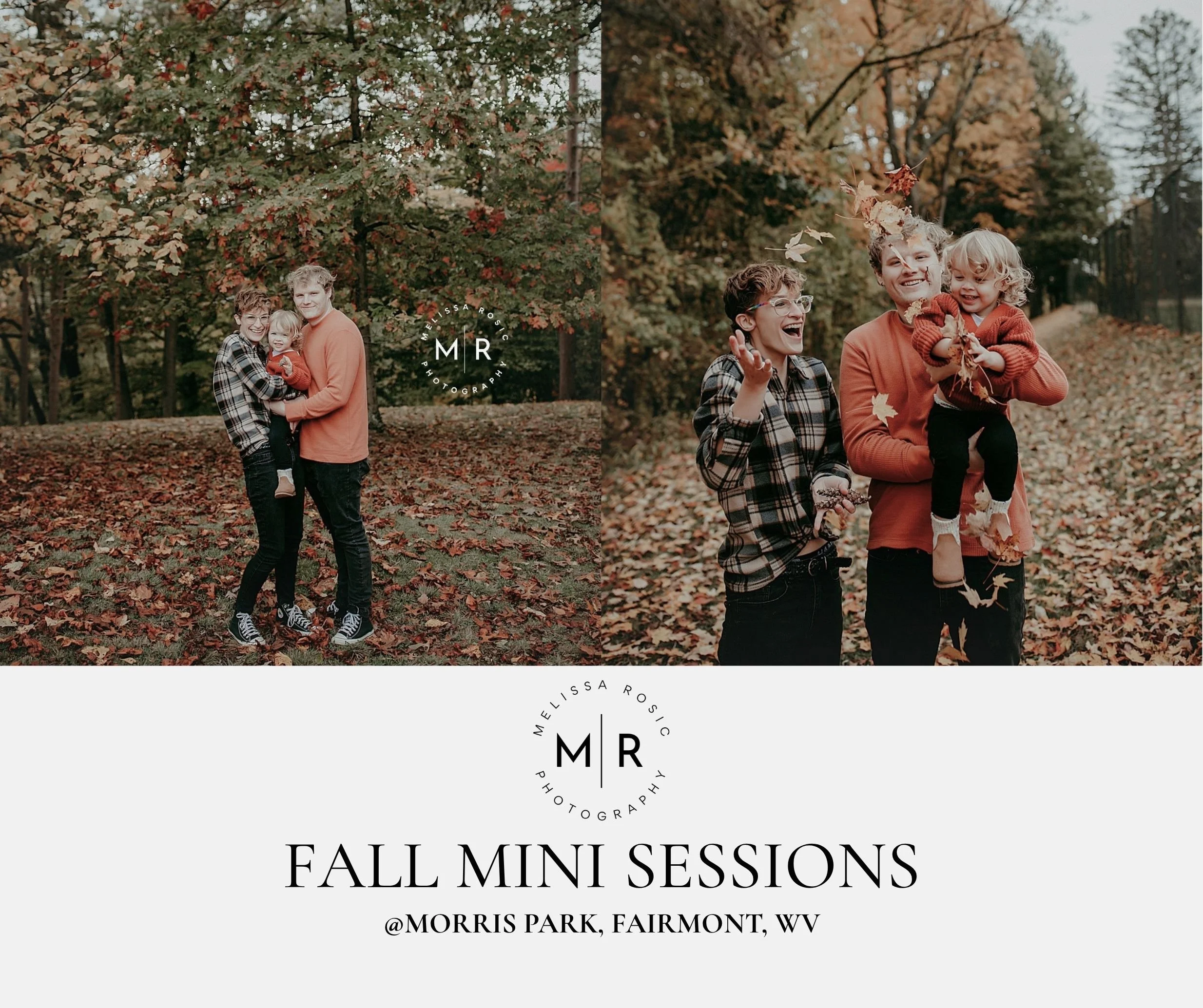 A family of three, two adults and a young child, enjoying fall in a park surrounded by trees with orange and yellow leaves. The adults are smiling, and the child is being held by one adult, with leaves falling around them.
