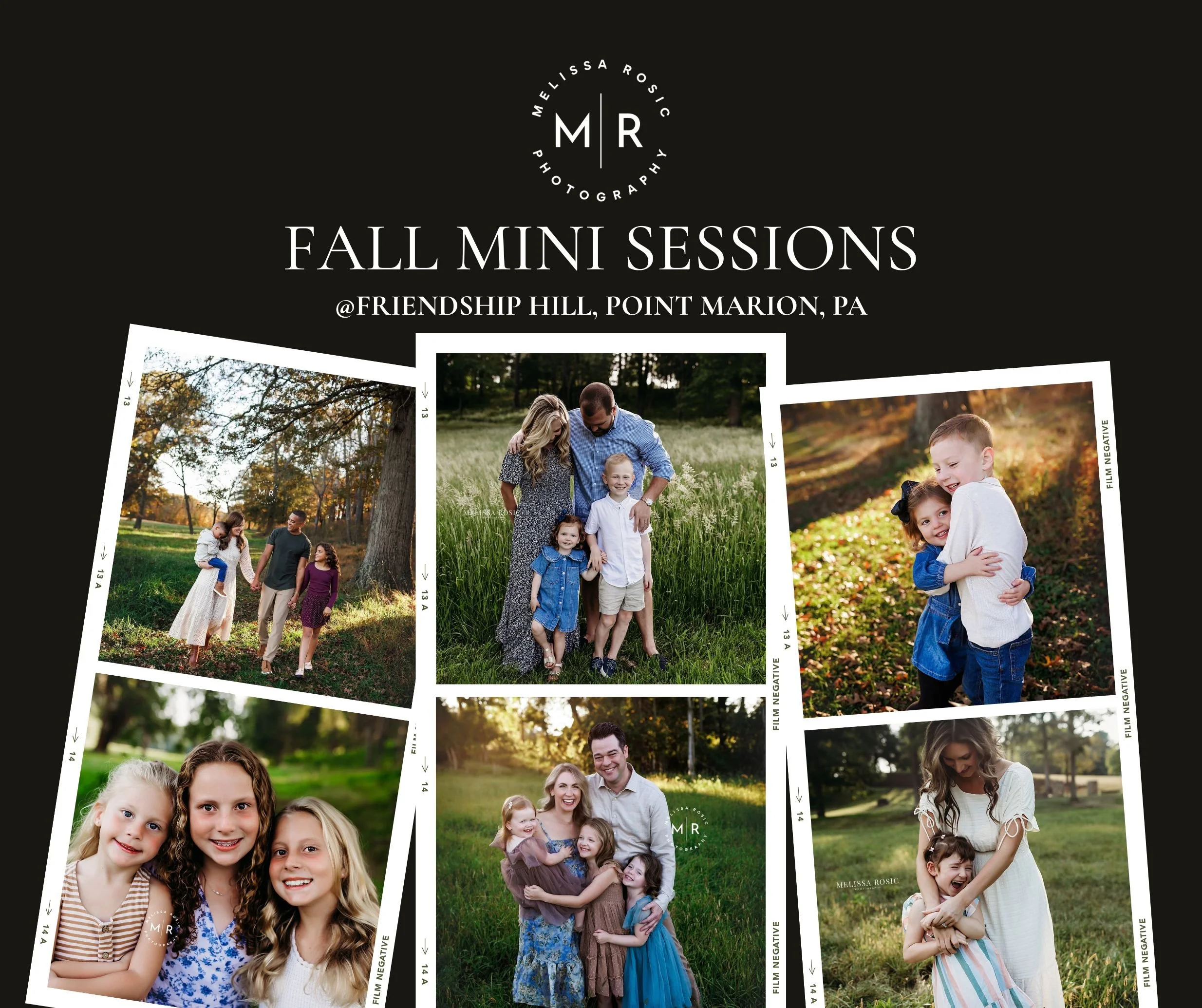 Collage of family photos taken outdoors during fall, featuring children and adults in park settings with trees and autumn leaves.