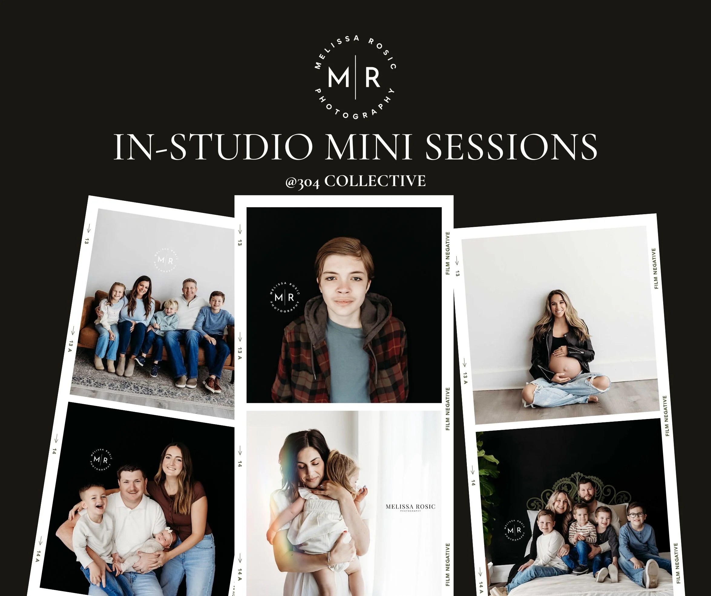 A collage of portrait photographs of various individuals and families, displayed on photographic contact sheets with handwritten notes and arrows, in a photography studio setting.