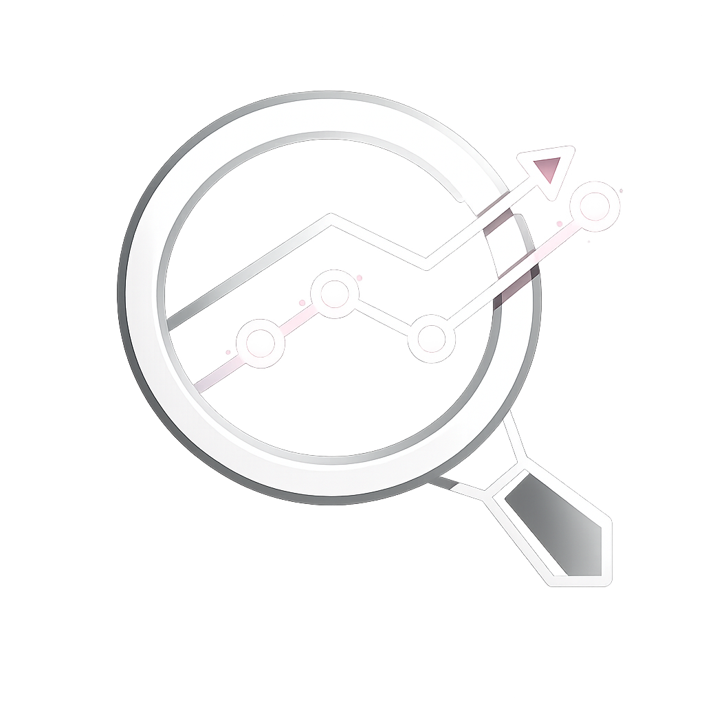 Ein Icon für Search Engine Marketing, das eine Lupe zeigt, die eine wachsende Graphlinie mit Pfeil durch das Glas betrachtet, symbolisiert Analyse und Wachstum.