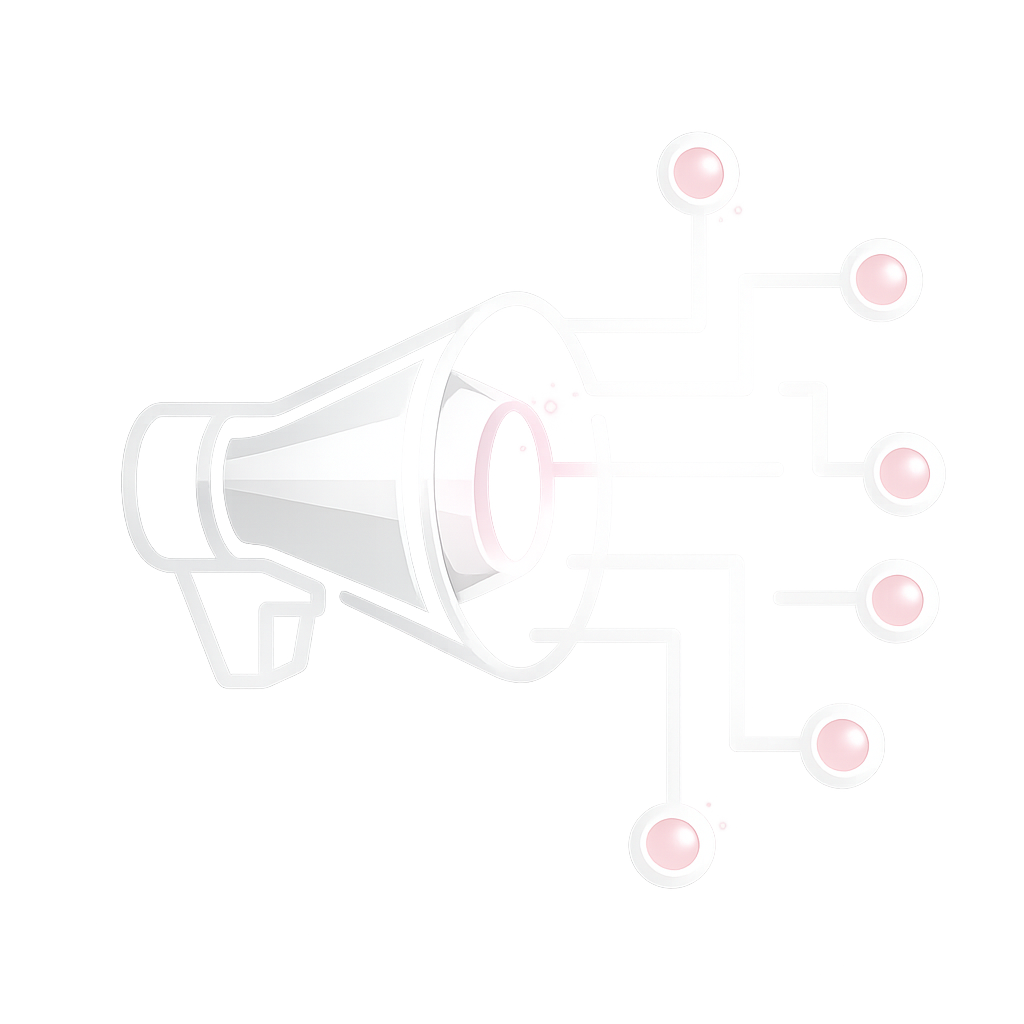 Icon für Programmatic Advertising. Grafik eines technischen Geräts, eventuell eine elektronische Komponente oder ein Bauteil. Es ist hauptsächlich weiß mit rosa, blau und grünlichen Akzenten.