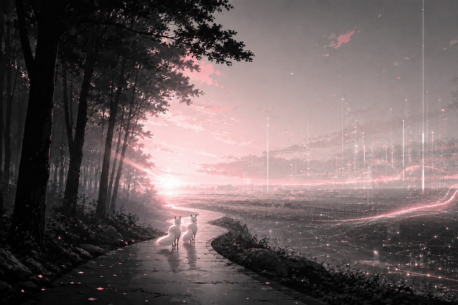 Der Weg zur Datenwahrheit: Zwei NIKIZU-Füchse führen auf einem klaren Pfad aus dem Wald in Richtung einer leuchtenden, digitalen Zukunftsvision.