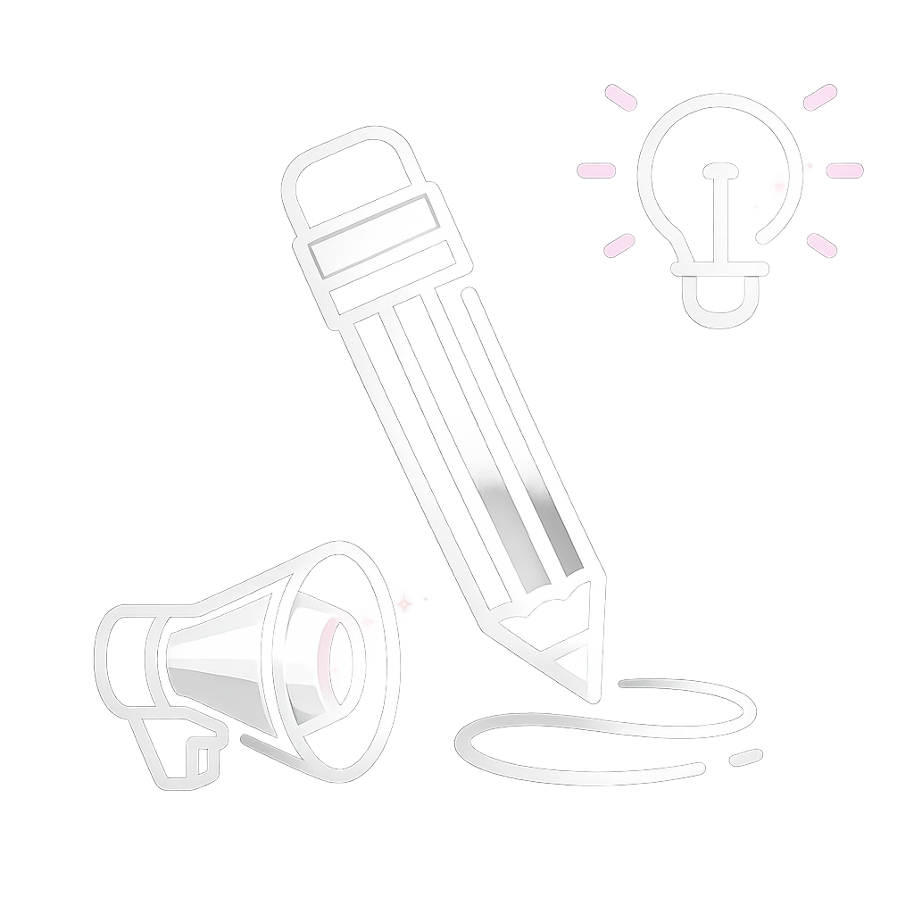 Icon für Marketing Consulting. Symbole für Innovation und Kommunikation, bestehend aus einer Glühbirne, einem Stift, einem Megafon und einem Lautsprecher.