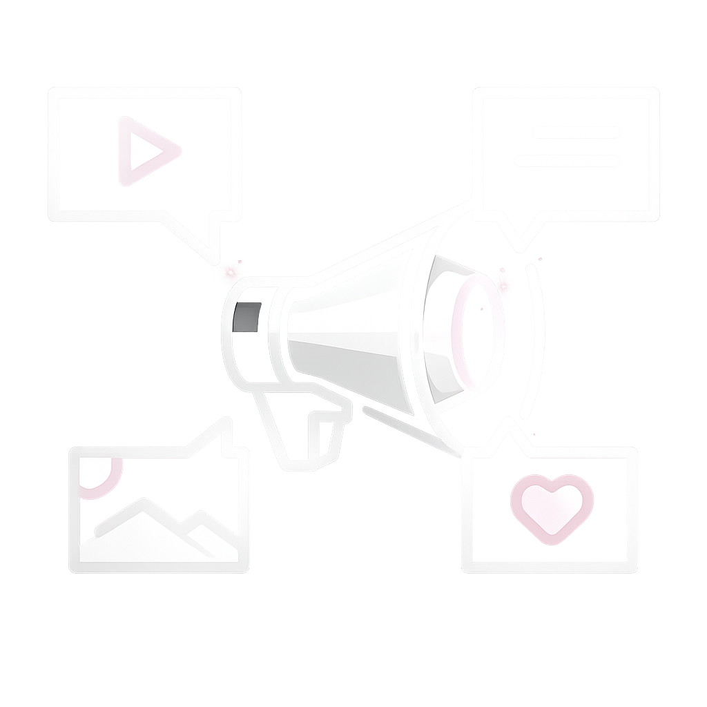 Icon für Social Media Advertising. Grafik eines Lautsprechers mit Symbolen für Video, Herz, Bild und Nachricht, die um ihn herum angeordnet sind.