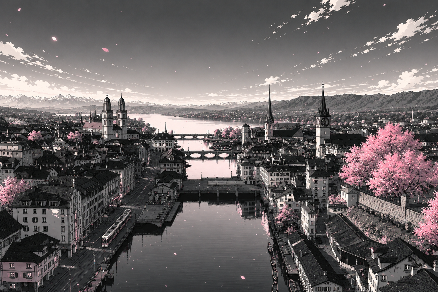 Zürich als Heimat von NIKIZU: Die Zürcher Altstadt an der Limmat mit Kirschblüten-Akzenten – Sinnbild für Schweizer Präzision in der Datenanalyse.