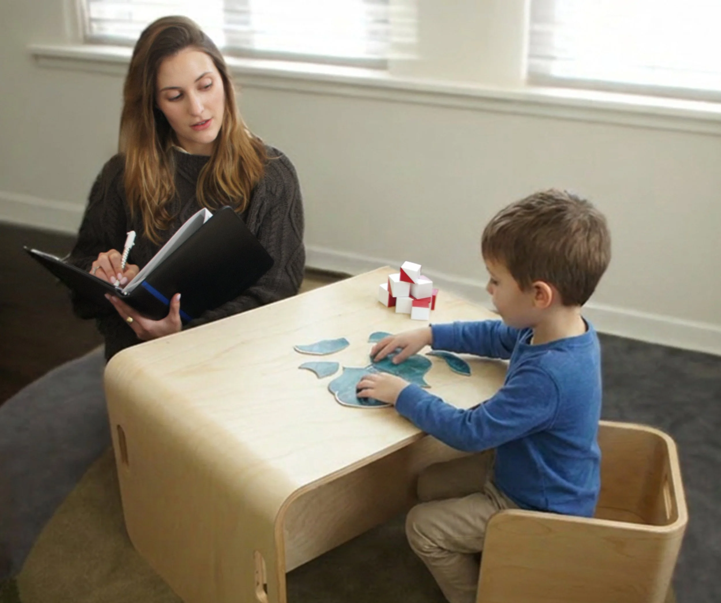 321 Billingsly Ct, Ste 9 Franklin, TN 37067. Summit Neuropsychology, PLLC. Dr. Danaë Rollet evaluating a boy sitting at a wooden table with neuropsychological puzzle pieces and blocks