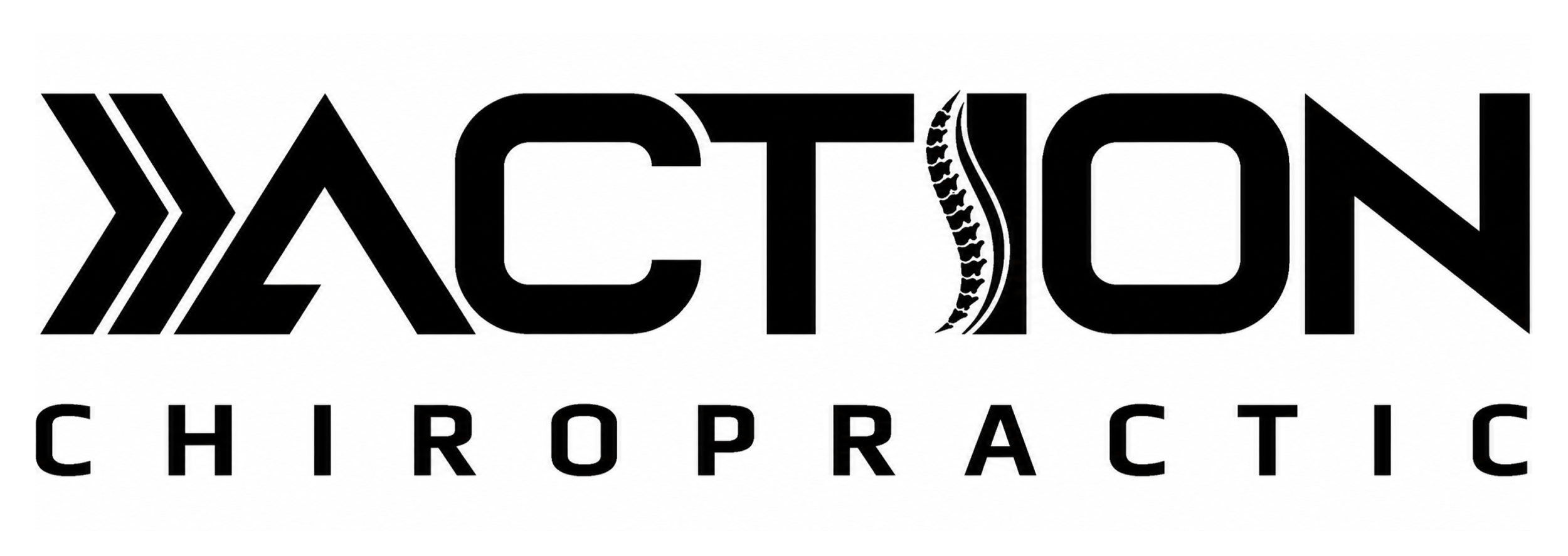 Logo of Action Chiropractic in black and white with stylized text and a spine graphic integrated into the letter 'O'
