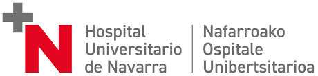 Logotipo del Hospital Universitario de Navarra, en español y euskera, con un símbolo de cruz en la esquina superior izquierda.