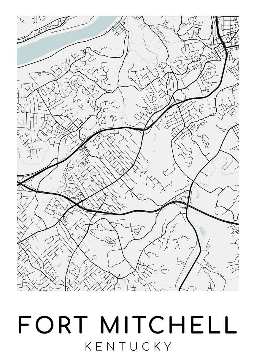 Stylized map of Fort Mitchell, Kentucky, showing roads and waterways with a minimalist design. Text at the bottom reads 'Fort Mitchell Kentucky'.