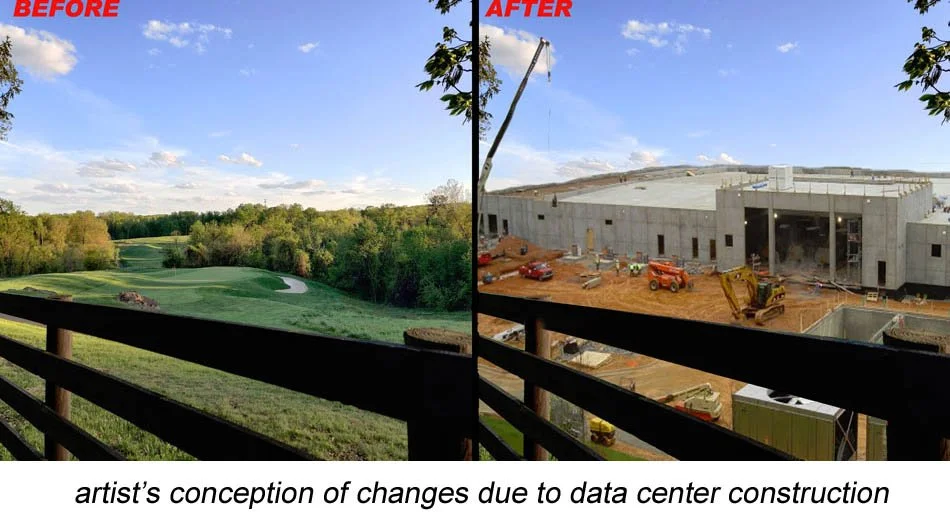 Side-by-side comparison of a golf course before and after (artist's conception) construction of a data center, showing the transition from green landscape to active building site with construction equipment.