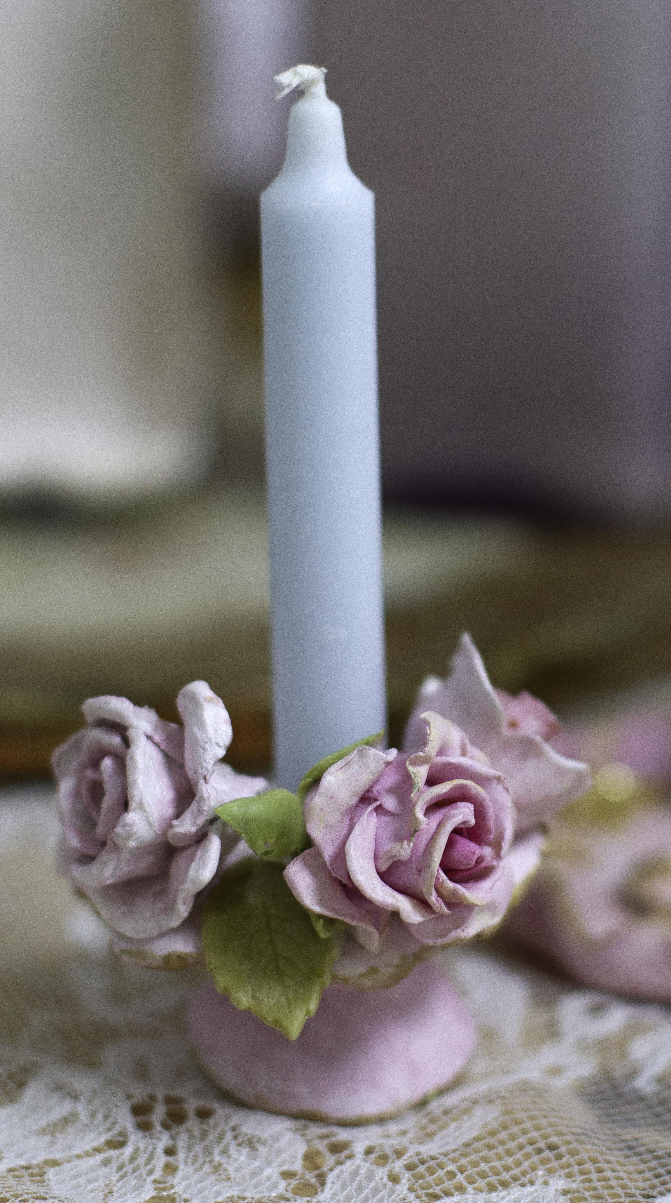 Rose Clay Meditation Candle Holder with 3 clay roses