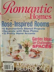 Artist, designer, Jo-Anne Coletti, Magazine cover titled 'Romantic Homes' featuring roses and a bedroom setup with flowers and decor, promoting home decorating ideas and summer projects.
