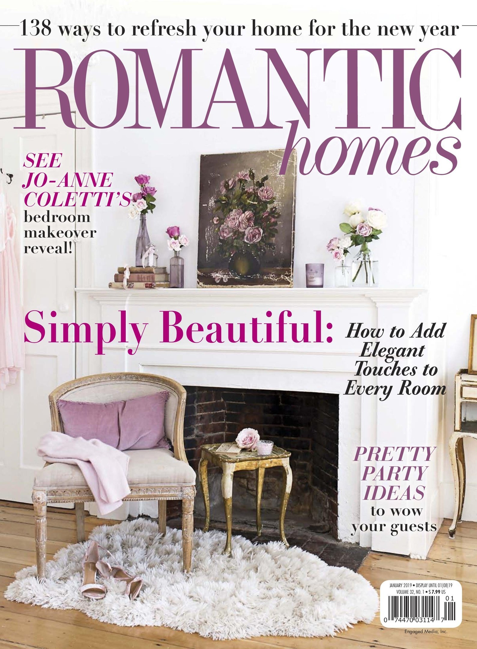 Magazine cover showcasing a cozy living room corner with a vintage armchair draped with a pink blanket, a fluffy white rug, a small gold side table with a flower, a fireplace, and a mantel decorated with pink and white flowers in vases. Headlines hig