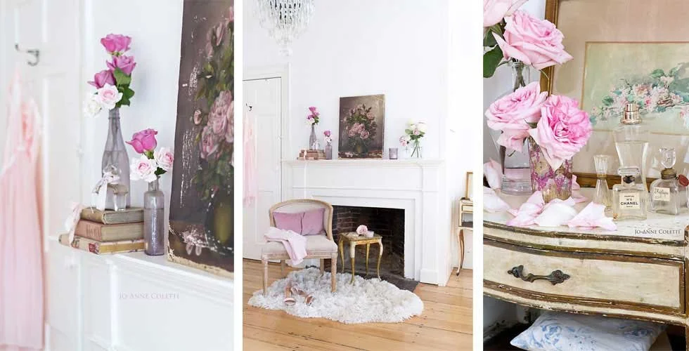 Decorative vases with pink roses on a shelf, a cozy living room with a white fireplace, a pink and gold chair, and vintage perfume bottles with pink roses on a drawer.