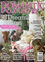 Artist, designer, Jo-Anne Coletti, Cover of Romantic Country magazine featuring a cozy bedroom with pink and green decor, floral bedsheets, and vintage furniture, with headlines about dream rooms and DIY home projects.