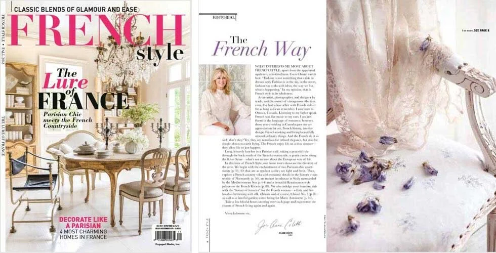 Magazine cover of 'French Style' featuring a dining room with chandelier, ornate chairs, and a table with flowers. Inner page with an article titled 'The French Way' and a woman sitting, alongside a close-up of a vintage chair with a swan-shaped carv