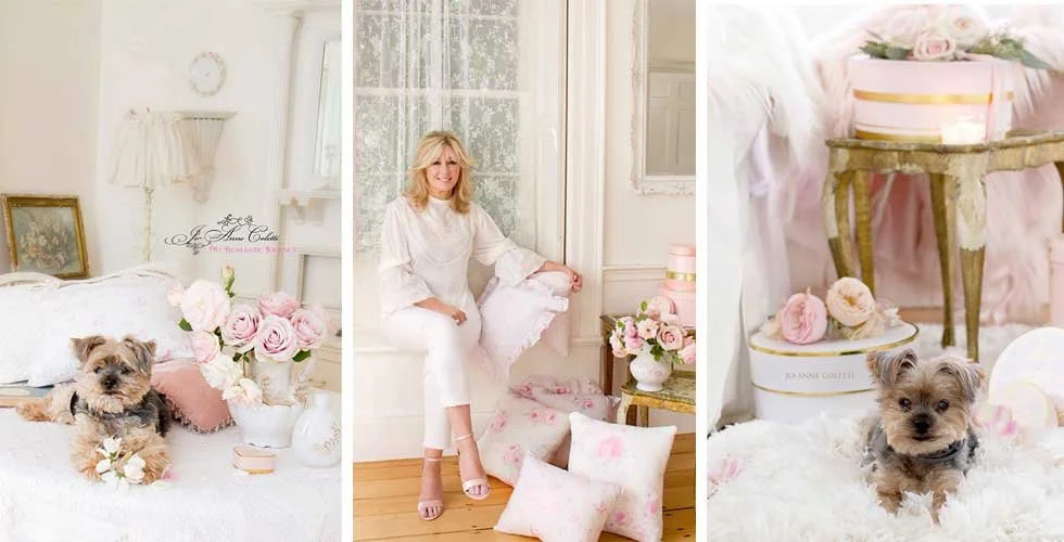 Collage of three images featuring a pink and white floral theme. The first shows a small dog on a bed with rose arrangements, the second depicts a woman in white sitting in a bright, softly decorated room, and the third displays a small dog among pin